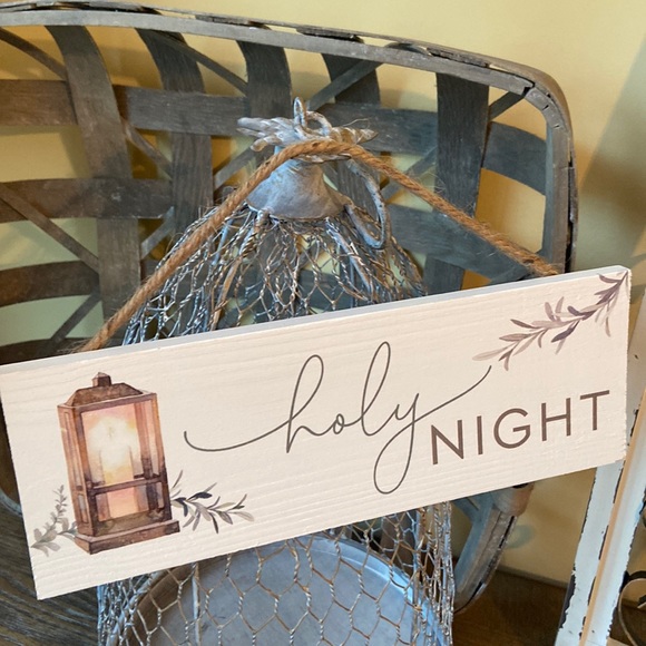 NEW! Cottage Farmhouse Oh Holy Night Christmas Lantern Rustic Wood & Jute Sign - Picture 2 of 3